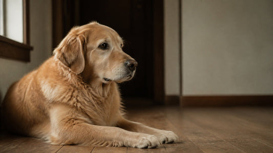 Golden retriever adulto tumbado tranquilo en el suelo de casa